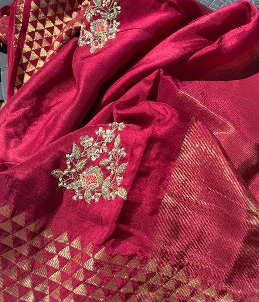 Deep Maroon Raw Silk Gota Pati Saree with contrast Red blouse piece