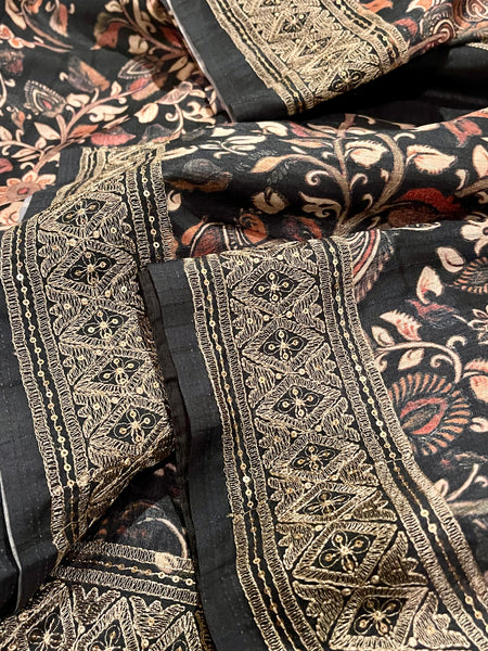 Black Tussar Silk Cotton Kalamkari Print Silk Saree