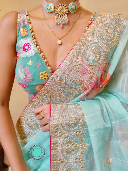 TURQUOISE BLUE GEORGETTE BLOUSE with Blue Georgette Chiffon Saree