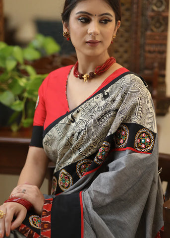 GREY COTTON SAREE WITH GRACEFUL MADHUBANI HAND PAINTED PALLU AND MIRROR WORK