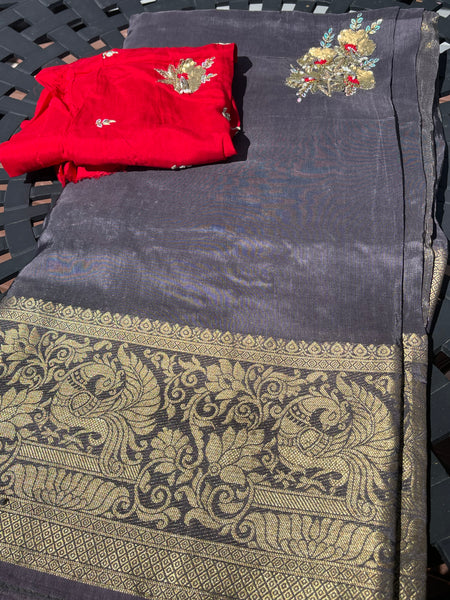 Grey Raw Silk Gota Pati Saree with contrast Red blouse piece