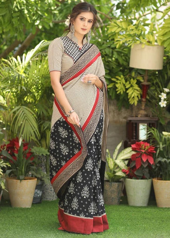 BLACK PRINTED COTTON SAREE WITH LINE AJRAKH PALLU AND MAROON COTTON SILK, AJRAKH COMBINATION BORDER