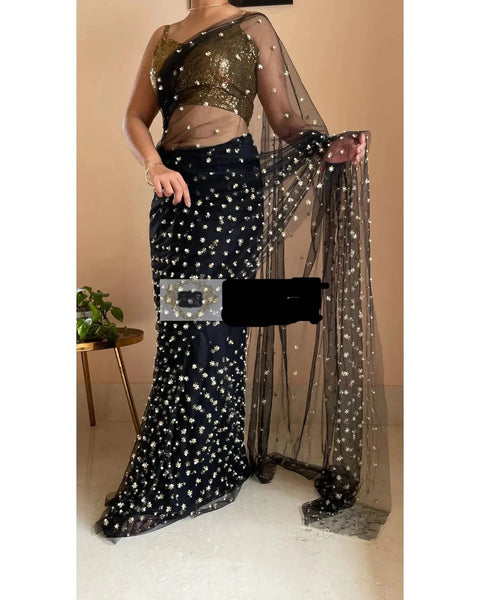 Black Net Silk Saree with Gold Embroidered Blouse