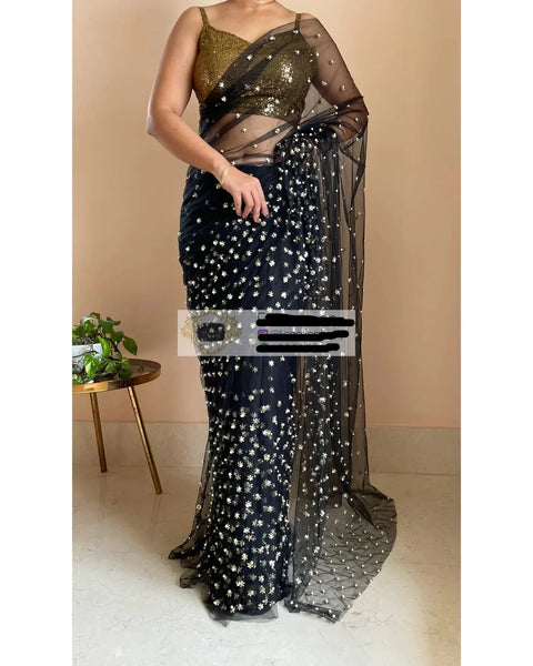 Black Net Silk Saree with Gold Embroidered Blouse