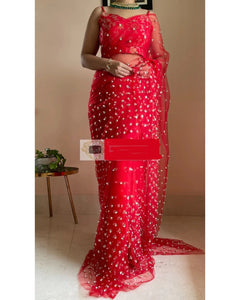 Red Net Silk Saree with Red Brocade Sleeveless Blouse