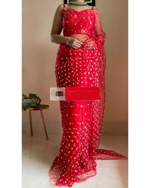 Red Net Silk Saree with Red Brocade Sleeveless Blouse