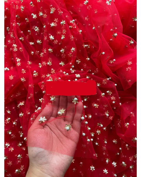 Red Net Silk Saree with Red Brocade Sleeveless Blouse