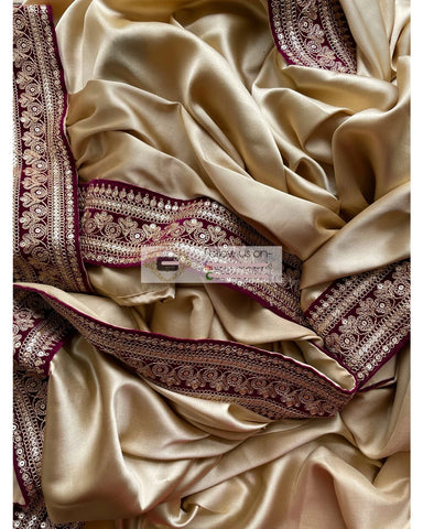 Ivory Satin Saree with Wine Velvet Border