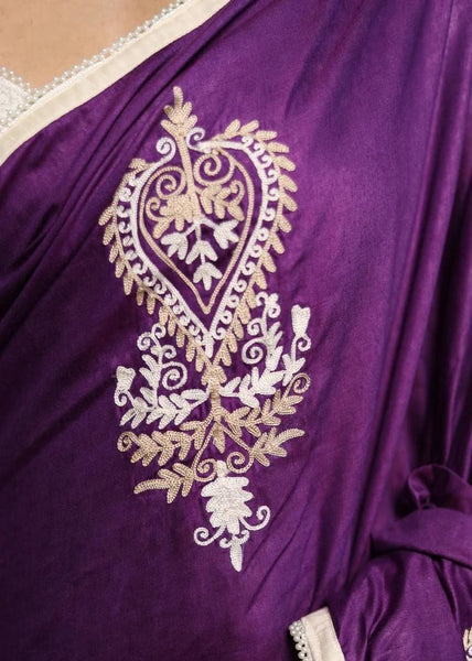 PURPLE COTTON SILK SAREE WITH BEIGE EMBROIDERY MOTIFS