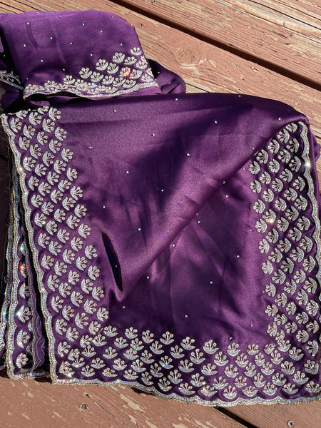 Purple Satin Silk Saree with Swarovski Crystals