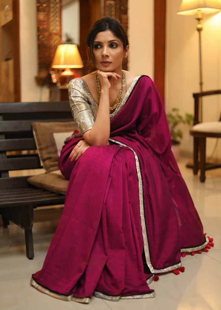 magenta silk saree contrast blouse