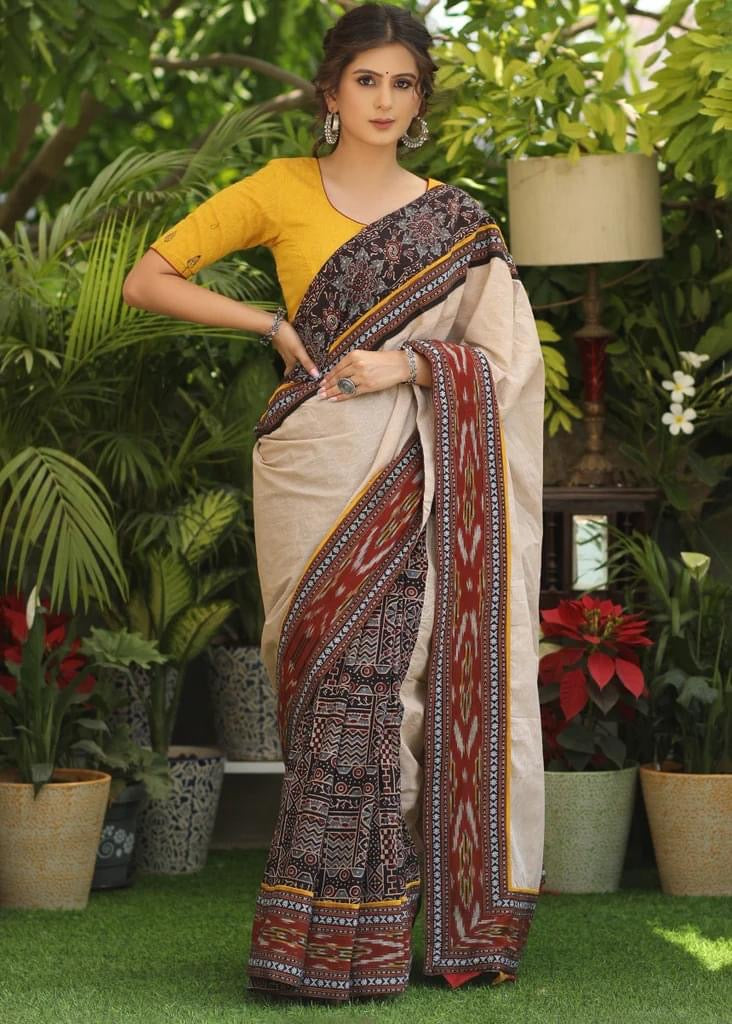 COTTON AJRAKH & PLAIN CREAM COTTON SAREE WITH BEAUTIFUL IKAAT, AJRAKH BORDER