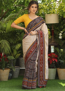COTTON AJRAKH & PLAIN CREAM COTTON SAREE WITH BEAUTIFUL IKAAT, AJRAKH BORDER