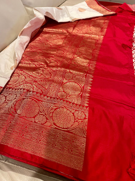 White and Red Pure Banarasi Katan Silk Saree