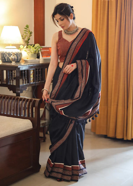 BLACK COTTON SAREE WITH EXCLUSIVE AJRAKH BORDER