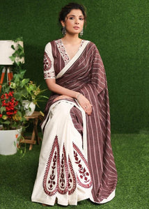 MAROON COTTON CHECKS SAREE WITH OFF-WHITE COTTON PLEATS AND EMBROIDERY MOTIFS