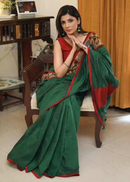 BOTTLE GREEN COTTON SAREE WITH KALAMKARI AND MAROON COTTON SILK BORDER