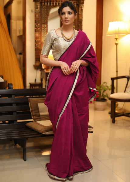 MAGENTA COTTON SAREE WITH ELEGANT BANARASI BORDER