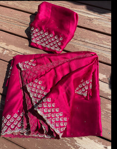 Rani Hot Pink Satin Silk Saree with Swarovski Crystals