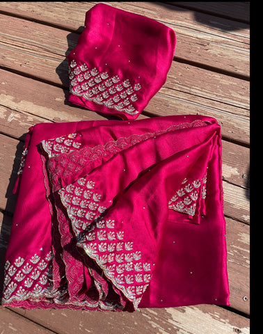 Rani Hot Pink Satin Silk Saree with Swarovski Crystals