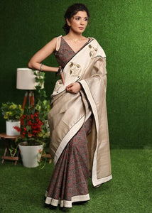 TUSSER SILK & AJRAKH COMBINATION SAREE WITH DELICATE BEIGE SILK SEQUENCE EMBROIDERY