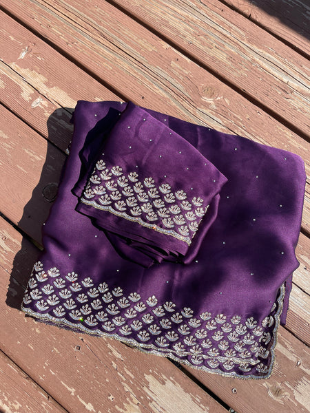Purple Satin Silk Saree with Swarovski Crystals