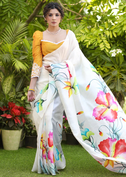 WHITE PURE SILK HAND PAINTED SAREE WITH FLORAL MOTIF