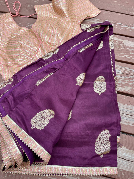 Purple Muga Silk Saree with contrast Peach Readymade Blouse