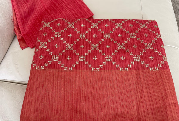 Coral Pink Sequin Handloom Tussar Silk Saree