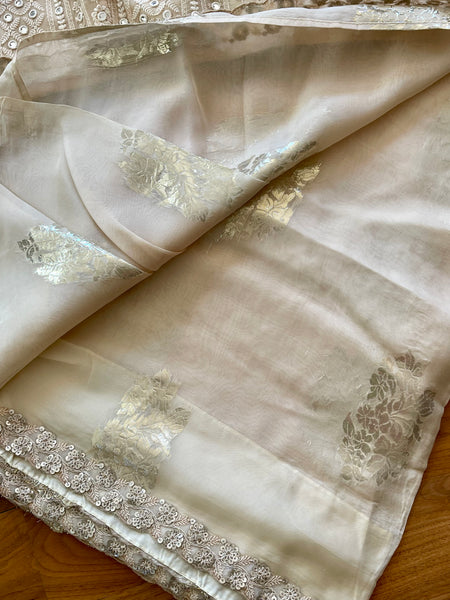 Ivory Organza Georgette Silk Saree with Semi Stitched Blouse