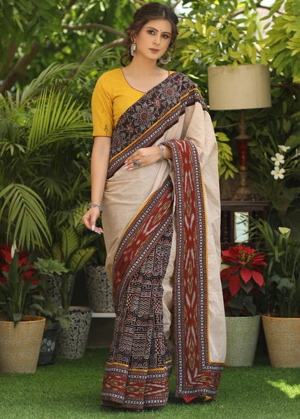 COTTON AJRAKH & PLAIN CREAM COTTON SAREE WITH BEAUTIFUL IKAAT, AJRAKH BORDER