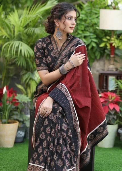 BLACK PRINT AND MAROON COTTON COMBINATION SAREE WITH EXCLUSIVE IKAAT BORDER