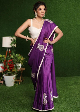 PURPLE COTTON SILK SAREE WITH BEIGE EMBROIDERY MOTIFS