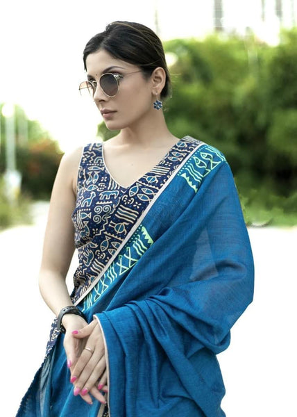 ROYAL BLUE COTTON SAREE WITH ANIMAL PRINT BORDER AND FISH PAINTED MOTIF