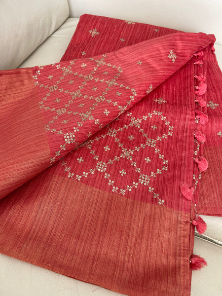 Coral Pink Sequin Handloom Tussar Silk Saree