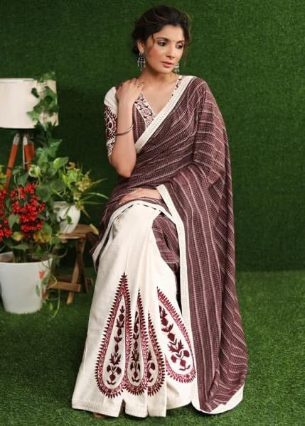 MAROON COTTON CHECKS SAREE WITH OFF-WHITE COTTON PLEATS AND EMBROIDERY MOTIFS
