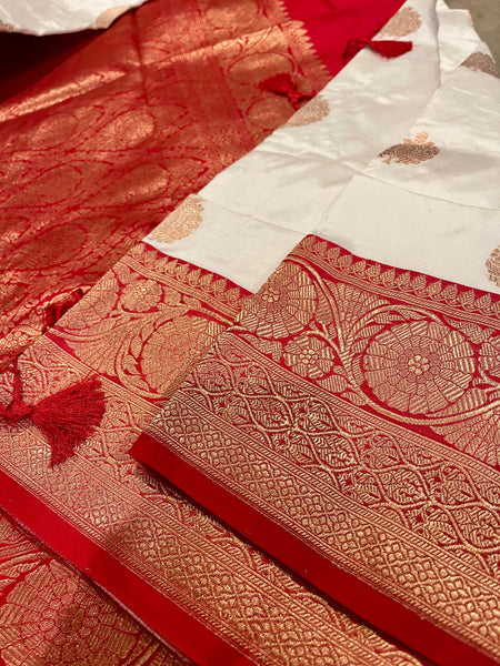 White and Red Pure Banarasi Katan Silk Saree