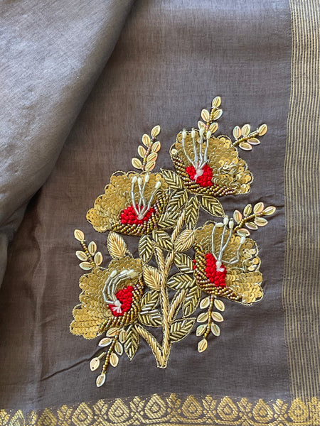 Grey Raw Silk Gota Pati Saree with contrast Red blouse piece