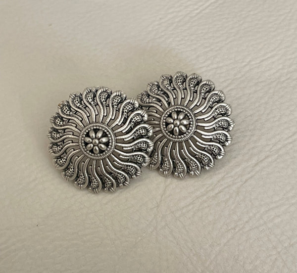 Floral” Round Shaped Silver Look Alike Stud