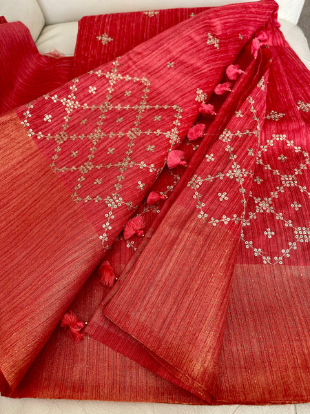 Coral Pink Sequin Handloom Tussar Silk Saree