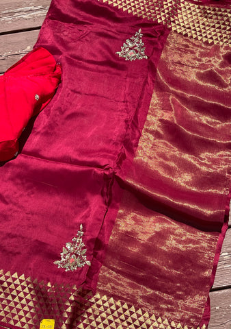 Deep Maroon Raw Silk Gota Pati Saree with contrast Red blouse piece