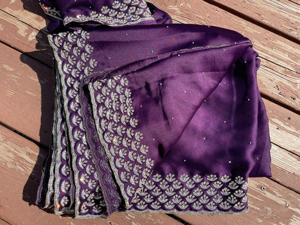 Purple Satin Silk Saree with Swarovski Crystals
