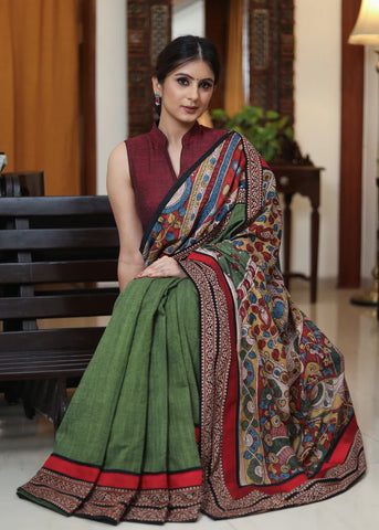 MOSS GREEN COTTON SAREE WITH KALAMKARI HAND PAINTED PALLU AND AJRAKH BORDER