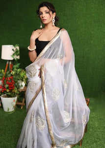 WHITE ORGANZA SAREE WITH GOLDEN CLASSY ZARI EMBROIDERY & BORDER
