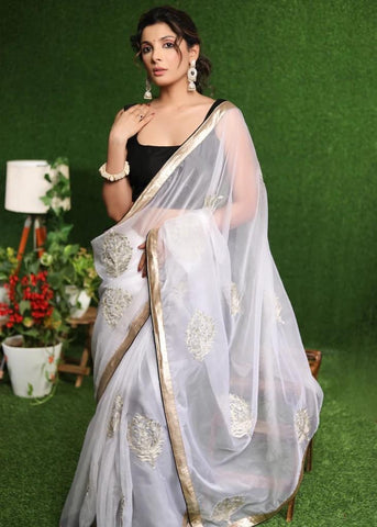 WHITE ORGANZA SAREE WITH GOLDEN CLASSY ZARI EMBROIDERY & BORDER