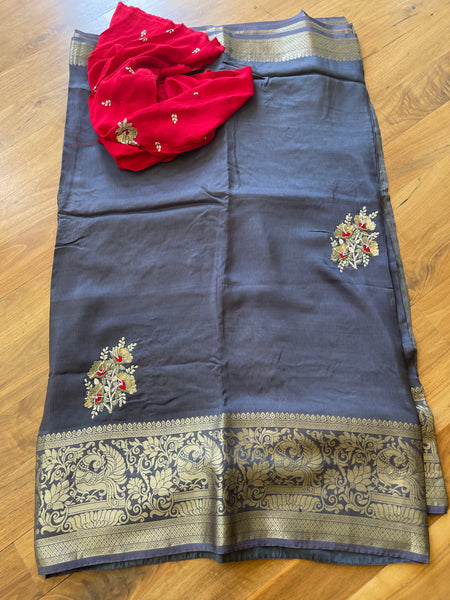 Grey Raw Silk Gota Pati Saree with contrast Red blouse piece