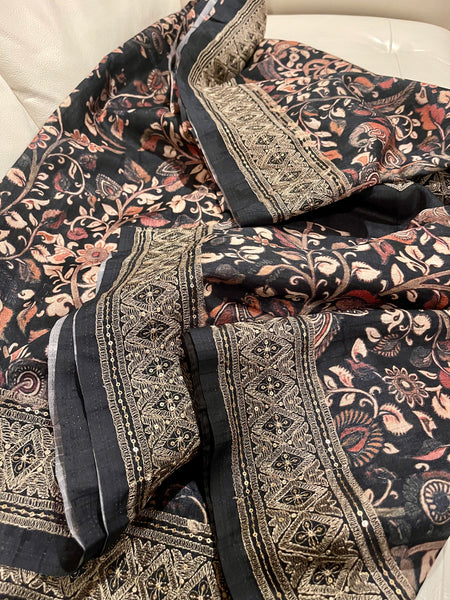 Black Tussar Silk Cotton Kalamkari Print Silk Saree