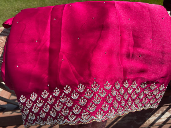 Rani Hot Pink Satin Silk Saree with Swarovski Crystals