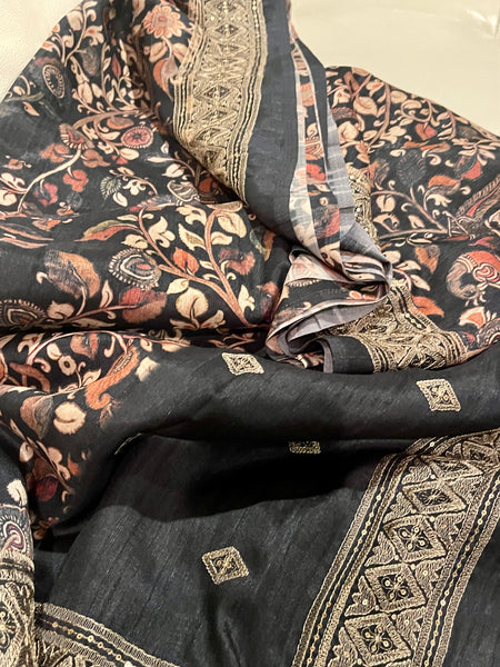 Black Tussar Silk Cotton Kalamkari Print Silk Saree