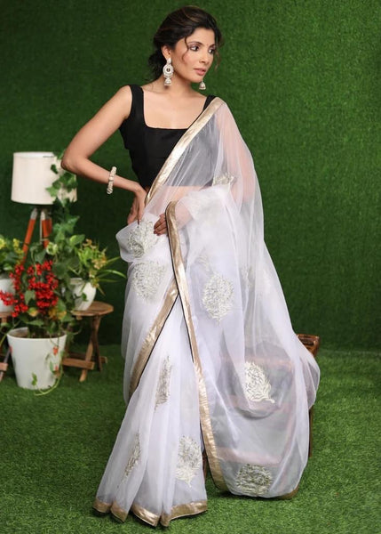 WHITE ORGANZA SAREE WITH GOLDEN CLASSY ZARI EMBROIDERY & BORDER
